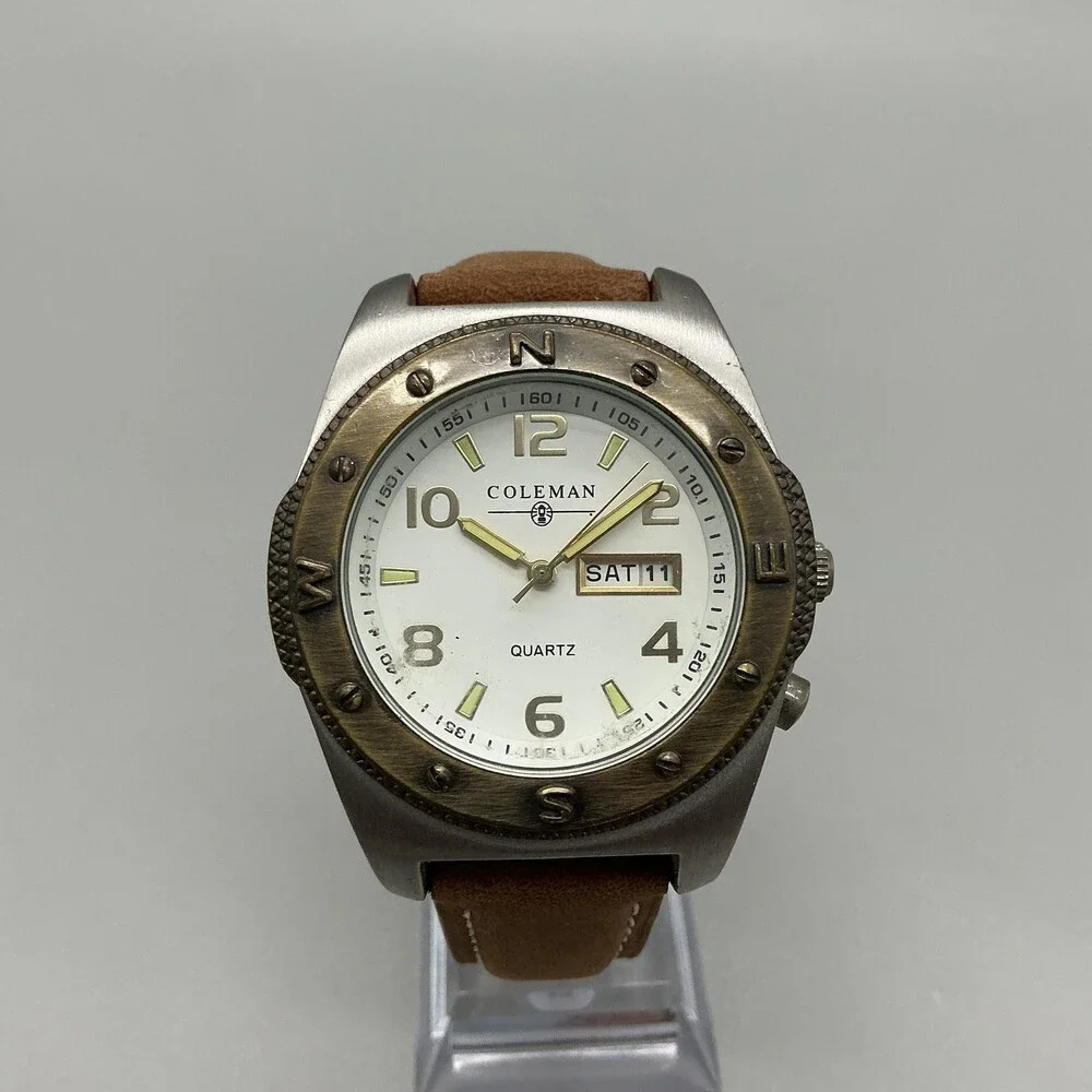 Coleman 40-949 Mens Watch 42mm White Dial Brown Leather Day Date New Battery